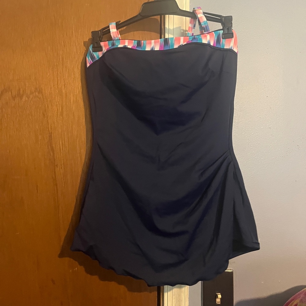 Navy Blue Swimsuit with Multicolor Trim